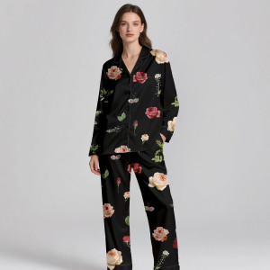 Relax Fit Silk Satin Breathable Pajama Set for Women Summer Spring Long <b>Pants</b> <b>Lounge</b> Outfit - Product Image 1