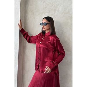 TOPSHOW Women's Elegant <b>Red</b> Crushed Satin <b>Blouse</b>, 100% Polyester Solid Color Full Sleeve Shirt for Wholesale - Product Image 3