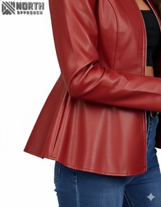 แจ็กเก็ตหนังแบบรูดซิปขึ้นแขนเสื้อแจ็คเก็ตแขนยาวคอกลมเสื้อครอปแจ๊กเก็ตหนังออกแบบได้ตามต้องการ - Product Image 3