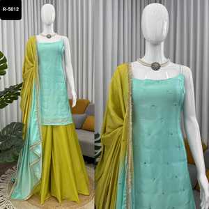 Modello indiano moderno in seta Chinon materiale Salwar Kameez <span class=keywords><strong>tuta</strong></span> con Sequnce pesante con filo di lavoro e <span class=keywords><strong>pizzo</strong></span> in sequenza Dupatta - Product Image 4