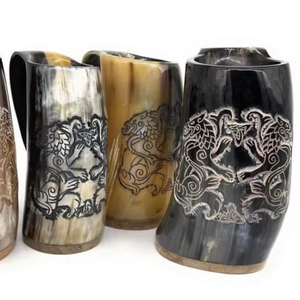 High Quality Highly Polished Handcrafted Viking Carving <b>Ceramic</b> Drinking Horn <b>Mug</b> Natural Horn India for Wine & Beer - Product Image 1