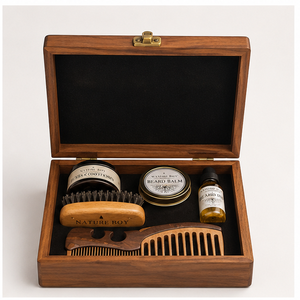 Novedad: Caja de Almacenamiento de Madera para Artículos de Afeitado Masculino con Cepillo, Peine, Bálsamo y Aceite, Diseño Rústico - Product Image 1
