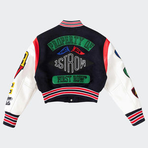 OEM Custom Chenille Embroidery Leather Sleeve Letterman Varsity Jacket for Women's Wholesale Cropped Varsity Leather Jackets - Product Image 2
