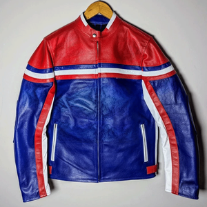Retro Biker Style Blue Red White Leather Racing Motorbike Jacket CE-Certified Protections Motorcycle Riding Jacket For Men - Product Image 1