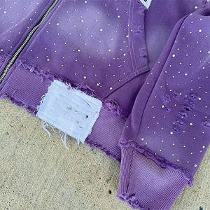 OEM personnalisé hommes Vintage à capuche en éponge française surdimensionné lourd coton strass en détresse soleil délavé à l'acide sweat à capuche zippé - Product Image 5