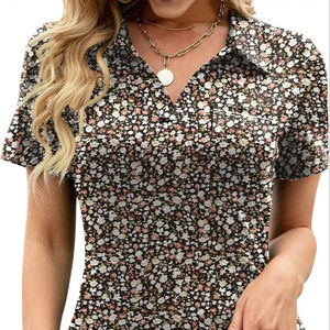 <b>Women's</b> Casual Chic V-Neck Blouses Short Sleeve for <b>Polo</b> Shirt <b>Tops</b> with Badge Decoration Loose Fit Pocket Knitted Tunic Style - Product Image 1