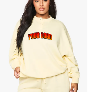 Sweat à col boutonné surdimensionné 100% coton pour femme respirant anti-rétrécissement pour pull à capuche avec logo avant brodé 3D - Product Image 1