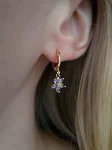 Purple Zircon Gemstone Small flower <b>dangle</b> <b>earrings</b> 925 Silver Colorful gold plated Cute dainty floral jewelry Gift for Her - Product Image 4