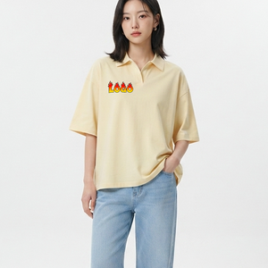 Polo à manches courtes jaune pour femme avec logo imprimé sur le devant, style décontracté, tissu Oxford 100% coton, design respirant - Product Image 1