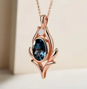 925 Silver Moissanite Round Brilliant Cut London <b>Blue</b> <b>Topaz</b> Women's Pendant <b>Necklace</b> Gold and Rose Gold Plated Charm Pendants - Product Image 6