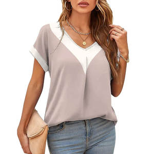 Venta caliente de las mujeres de cuello en V de manga corta Camisetas 100% de algodón transpirable estilo Casual al por mayor con la etiqueta del logotipo personalizado para el verano - Product Image 3