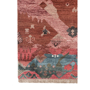 Alfombra Manchaha de Lana y Seda de Bambú con Patrón Geométrico Anudada a Mano en Rojo y Naranja - Para Uso Doméstico Les-2695 - Product Image 4