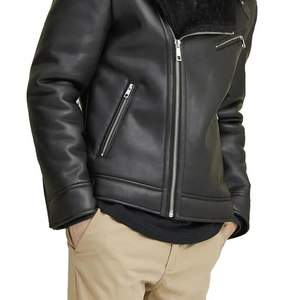 Veste bomber en cuir et fourrure de mouton écologique coupe-vent professionnelle grande taille slim fit pour hommes - Product Image 5