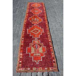 Vintage Turkish <b>Runner</b> Rug 2.8x10.9 ft, Herki <b>Red</b> Wool Rug - Product Image 1
