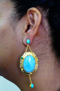 Boucles d'oreilles en argent sterling 925 de style ethnique vintage Larimar Turquoise fait à la main pierres précieuses plaqué or chaîne de mariage - Product Image 5