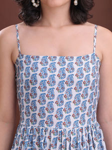 เดรสแม็กซี่แขนกุดพิมพ์ลายของผู้หญิง, เดรสผ้าคอตตอนผสมมีระบายพิมพ์ลายบาน - Product Image 4