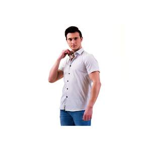 <b>White</b> and Ice Blue Plaid Checkered Chest Placket Detail <b>Slim</b> <b>Fit</b> Short Sleeve Cotton <b>Shirt</b> - Product Image 3