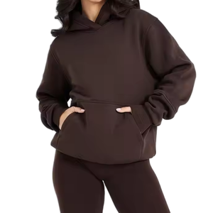 Nueva llegada OEM 100% algodón tejido de manga larga Mujer pulóver de gran tamaño con capucha invierno Color sólido tamaño personalizado logotipo frontal - Product Image 4