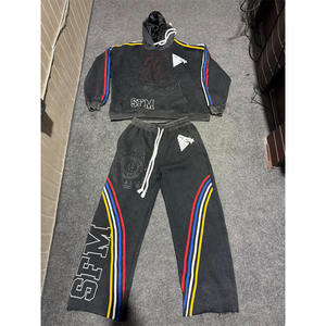 Premium Mens Acid Wash Oversized Hoodie Set Satin Hood Cuerda Cordón 3 Rayas Bordadas - Product Image 4