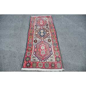 Alfombra turca Vintage tradicional roja y blanca 2.6x6.2ft Alfombra de lana de retazos Respaldo de látex para decoraciones de sala de estar 9x12" - Product Image 1