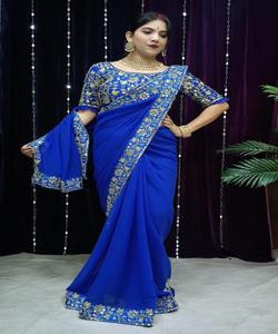 Bordure de dentelle brodée lourde et travail de pierre Belle couleur bleue Saree avec chemisier non cousu dans des vêtements ethniques - Product Image 5