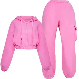 Automne 2023 nouveau Streetwear body survêtements rose éponge gilet court sweat pantalon 4 deux pièces ensemble pour femme