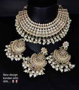 New Design Fancy Gold Plated Traditional Motipearl&Drop Kundan Studded Choker <b>Necklace</b> Earring Mangtika Set &Jewellery Set Woman - Product Image 1