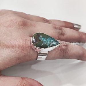 Anillo de Mujer con Gema de Crisocola Verde Natural, Piedra de Nacimiento Genuina, Anillo de Diseñador Grande, Joyería Hecha a Mano, Anillo de Plata de Ley 925 - Product Image 3