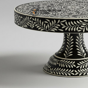 Support à gâteau en pied en céramique noire et blanche de luxe, écologique, lavable au lave-vaisselle, fait à la main, motif floral et feuilles - Product Image 4