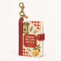 Carnet de recettes personnalisé LABON A7, couverture crème à motif Gingham, dos en cuir rouge motif citron et herbes, fermeture à pression, clip mousqueton, OEM ODM