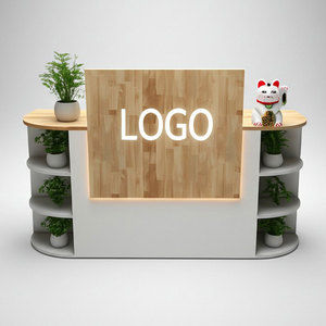BLT68020 Minimalist Reception <b>Desk</b> with Integrated Natural Wood Decorative Shelf and LED Light for Retail Store or Hotel Use - Product Image 1