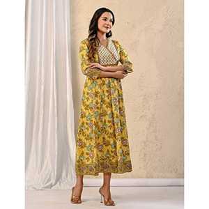 Vestido Largo Elegante Amarillo con Estampado Jaal de Algodón Crema para Mujer, Talla Única y 5XL, para Fiestas de Cumpleaños, Oficina, Trabajo, Clubes y Uso Diario - Product Image 5