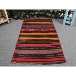Turkish Kilim Rug 2.1x3.5 ft, <b>Red</b> Black Patchwork <b>Wool</b> Vintage Rug - Product Image 4