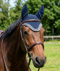 Navy Blue Crochet Horse Fly Veil Grey Trim Soft <b>Ear</b> <b>Covers</b> Handmade High Quality A+ Certified Equestrian Bonnet for Riding Shows - Product Image 4