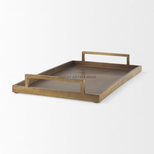 Plateau de service rectangulaire argenté élégant avec des poignées en bois élégantes, parfait pour le divertissement et la décoration intérieure - Product Image 6