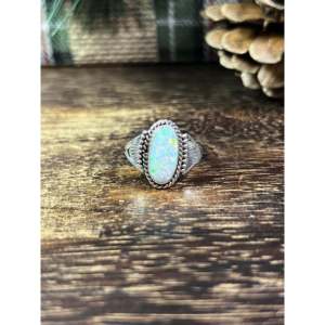 Navajo Made Opal & Platinum Sterling <b>Silver</b> <b>Ring</b> Geometric Gemstone with Pearl Size 7.5 Rhodium Plated for Everyday Wear - Product Image 1
