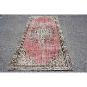 Vintage <b>Red</b> and Beige Wool Patchwork Rug Large Area 9x12 Rectangle for Entryway or Bedside 44 X 82ft Size with <b>Latex</b> Backing - Product Image 1