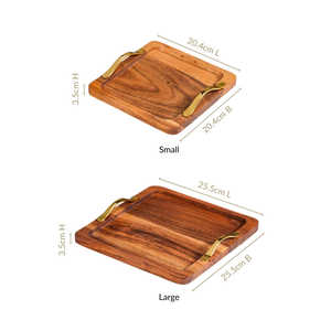 Plateau de service rustique minimaliste en bois d'acacia et aluminium avec poignées dorées, lot de 2, décoration d'intérieur, décoration de fête de Noël - Product Image 6