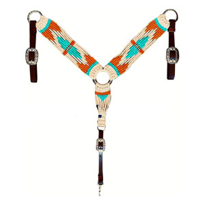 Collier de poitrine pour cheval à perles avec motif tribal, boucles en cuir orange turquoise, ajustement réglable - Product Image 1