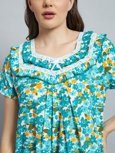 Camisón de Encaje 100% Algodón para Mujer, Manga Media, Largo Completo, Tela Transpirable, Cuello con Estampado Floral, Elegante, Primavera, Otoño, Verano - Product Image 5