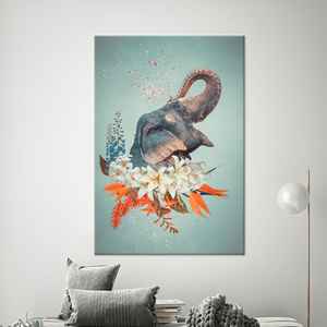 Elegante arte en lienzo con estampado floral de elefantes: decoración moderna, estirado sobre lienzo. - Product Image 1