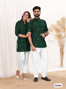 Khadi Cotton Short Kurta y Top Set con patrón impreso para parejas Fiestas colección - Product Image 4