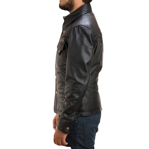 Veste en cuir véritable noire pour homme de qualité supérieure, col rabattu, fermeture à boutons, coupe classique, style automne - Product Image 5