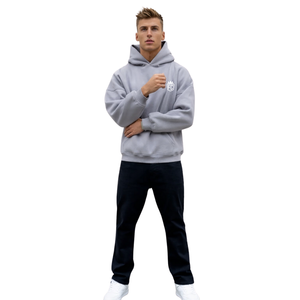 <b>Mens</b> Stone Grey Oversized Hoodie <b>Pullover</b> 50% Cotton 50% Polyester Drop Shoulder Streetwear Relaxed Fit Winter Sweatshirt - Product Image 5