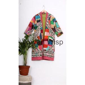 Bohemian Kantha Robe Hand Block Print Estilo Kimono japonés Chaqueta de invierno acolchada Cuello en V largo Transpirable Argyle Stripe - Product Image 2