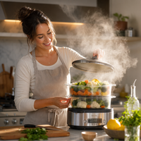 Cuiseur vapeur électrique 800W multi-niveaux grande capacité avec contrôle tactile et minuterie pour cuisine domestique