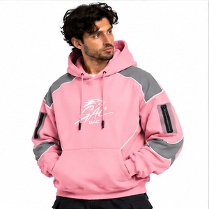 <b>Mens</b> Polyester/Cotton Fleece <b>Pink</b> Gray Hoodie Contrast Panels Zipper Sleeve Pockets Drawstring Hood Kangaroo Pocket Streetwear - Product Image 5