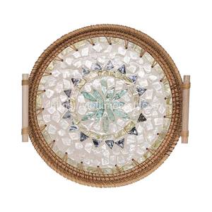 Plateau de service en rotin de forme ronde incrusté de nacre pour la décoration de la maison/cuisine avec poignée du Vietnam - Product Image 4