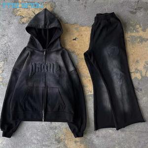 Conjunto Deportivo Personalizado con Logotipo para Hombre y Mujer, Sudadera con Capucha y Pantalones Deportivos Acampanados, Estilo Lavado Ácido - Product Image 1