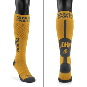 Premium 200 GSM <b>Polyester</b> Spandex Blend Women Volleyball <b>Socks</b> Breathable Yellow Black Panel Design Custom Knitted Logo - Product Image 1